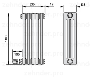 Схема (чертеж) Радиатор Zehnder Charleston 4110/5 №V003 Белый глянцевый RAL 9016